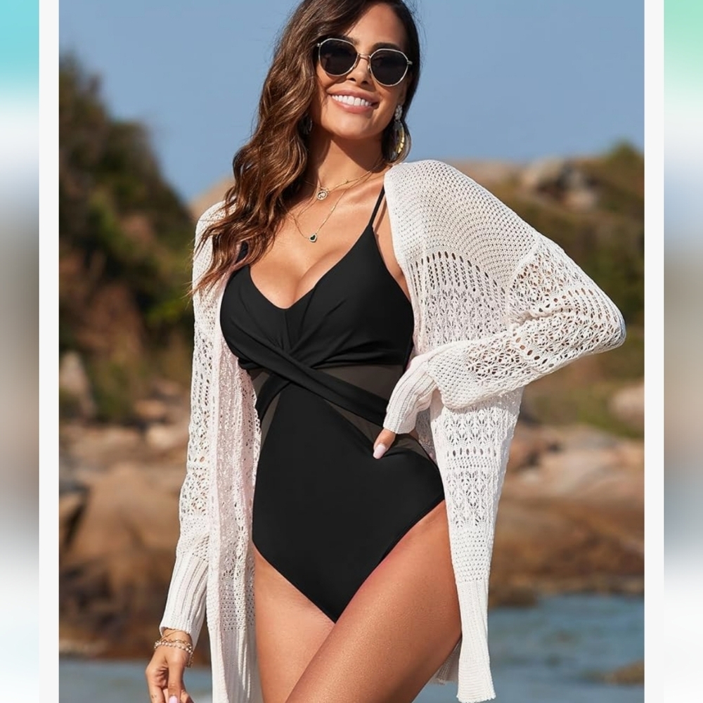 V Neck Mesh Cutout Swimwear Cross Front Tummy Control‎ Push Up SZ L (8-10) black